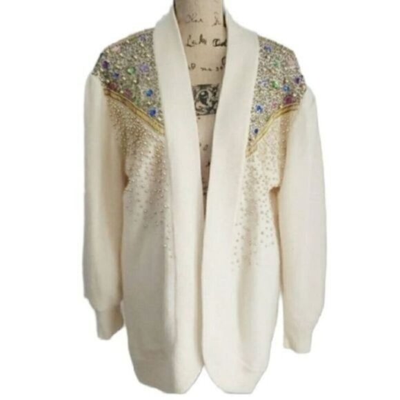 Vintage 80's Glam Embellished Cream Slouchy Wool Angora Sweater